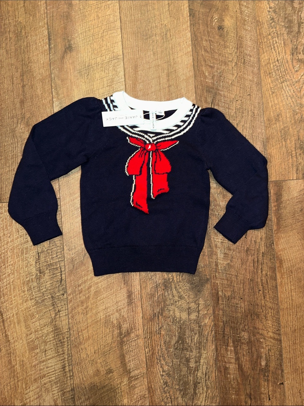 Janie and Jack Navy Sweater with Red Bow and White Trim
